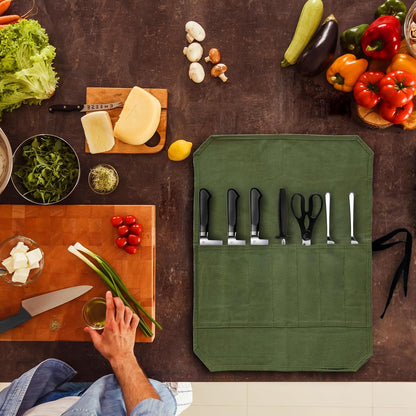 Knife Roll Bag, Waxed Canvas Chef's Knife Roll Bag with 7 Slots, Portable Knives Pouch Knife Storage Case Knife Carrier for Home Camping Picnic Chefs Cooking Lovers, Khaki(Bag Only)