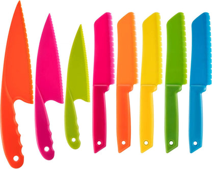 8 Pcs Kid Cooking Kitchen Knife Set, Plastic Serrated Edges Children's Safe Chef Nylon Knives for Cutting Fruit Bread Cake Salad Lettuce Kids Cooking Supply(Multi Colors Square Knife)