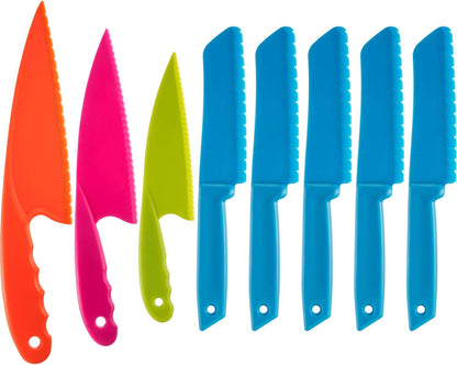8 Pcs Kid Cooking Kitchen Knife Set, Plastic Serrated Edges Children's Safe Chef Nylon Knives for Cutting Fruit Bread Cake Salad Lettuce Kids Cooking Supply(Multi Colors Square Knife)