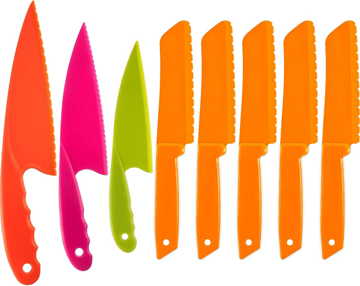 8 Pcs Kid Cooking Kitchen Knife Set, Plastic Serrated Edges Children's Safe Chef Nylon Knives for Cutting Fruit Bread Cake Salad Lettuce Kids Cooking Supply(Multi Colors Square Knife)