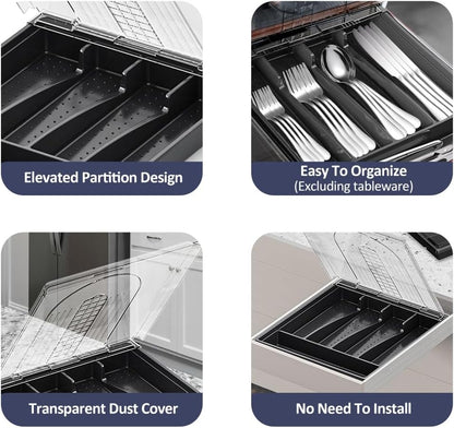 Kitchen Utensil Organizer Holder for Countertop with Removable Lid, Plastic 13 Inch Silverware Tray for Drawer,5 Compartments/Slots Total Flatware Organizer,Portable Cutlery Knives,Forks,Spoons Black