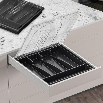 Kitchen Utensil Organizer Holder for Countertop with Removable Lid, Plastic 13 Inch Silverware Tray for Drawer,5 Compartments/Slots Total Flatware Organizer,Portable Cutlery Knives,Forks,Spoons Black