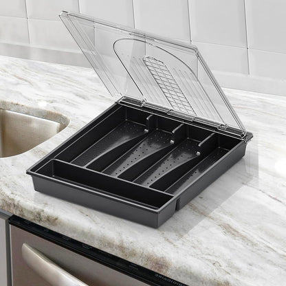 Kitchen Utensil Organizer Holder for Countertop with Removable Lid, Plastic 13 Inch Silverware Tray for Drawer,5 Compartments/Slots Total Flatware Organizer,Portable Cutlery Knives,Forks,Spoons Black