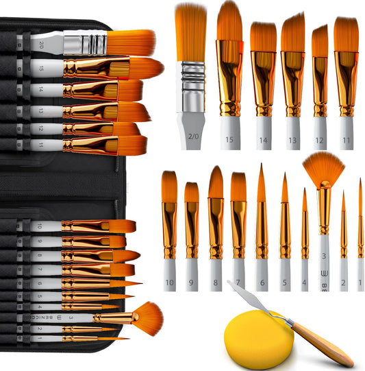 Artist Paint Brush Set of 16 - Includes Spatula Palette Knife, Sponge & Organizing Case - Premium Paint Brushes for Acrylic Painting, Watercolor, Oil - Perfect for Kids, Adults or Professionals
