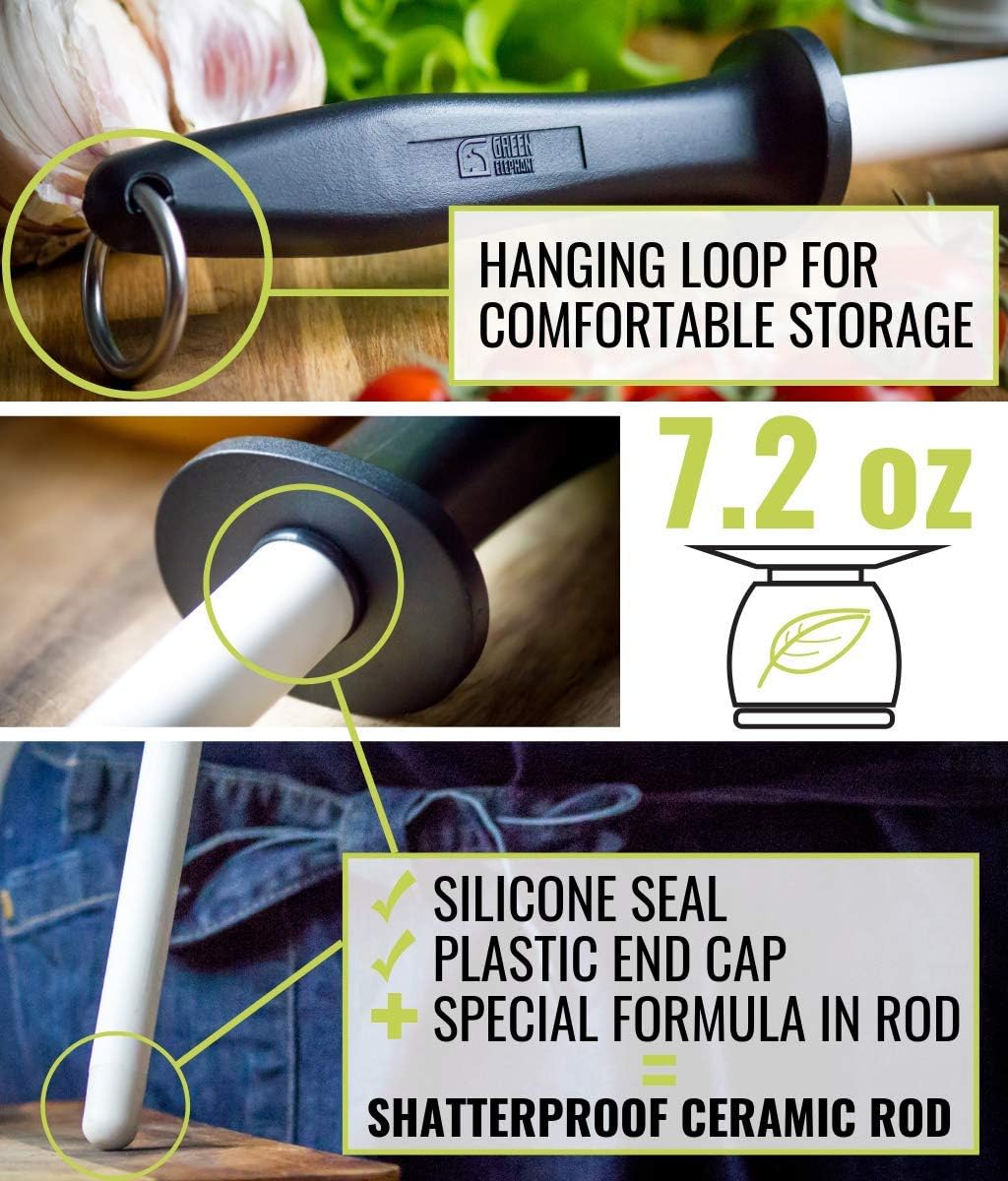 Green Elephant Ceramic Honing Rod for Kitchen Knives, 11-Inch Fine 1500 Grit Shatterproof & Durable Ceramic Sharpening Rod for Professional Chefs & Home Cooks