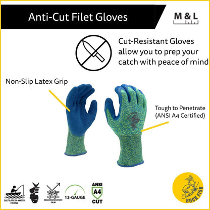 Rock Fish FP3703 Filet Gripper Fishing Gloves, Cut-Resistant Filet, Food Prep, Salt & Fresh Water, One Pair, Medium