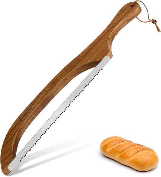 Magiware Bread Slicer Knife for Homemade Bread, Wooden Sourdough Bread Knife Cutter for Slicing, Serrated Bread Bow Knife Bread Saw Tool, Kitchen Baking Supplies (Acacia)