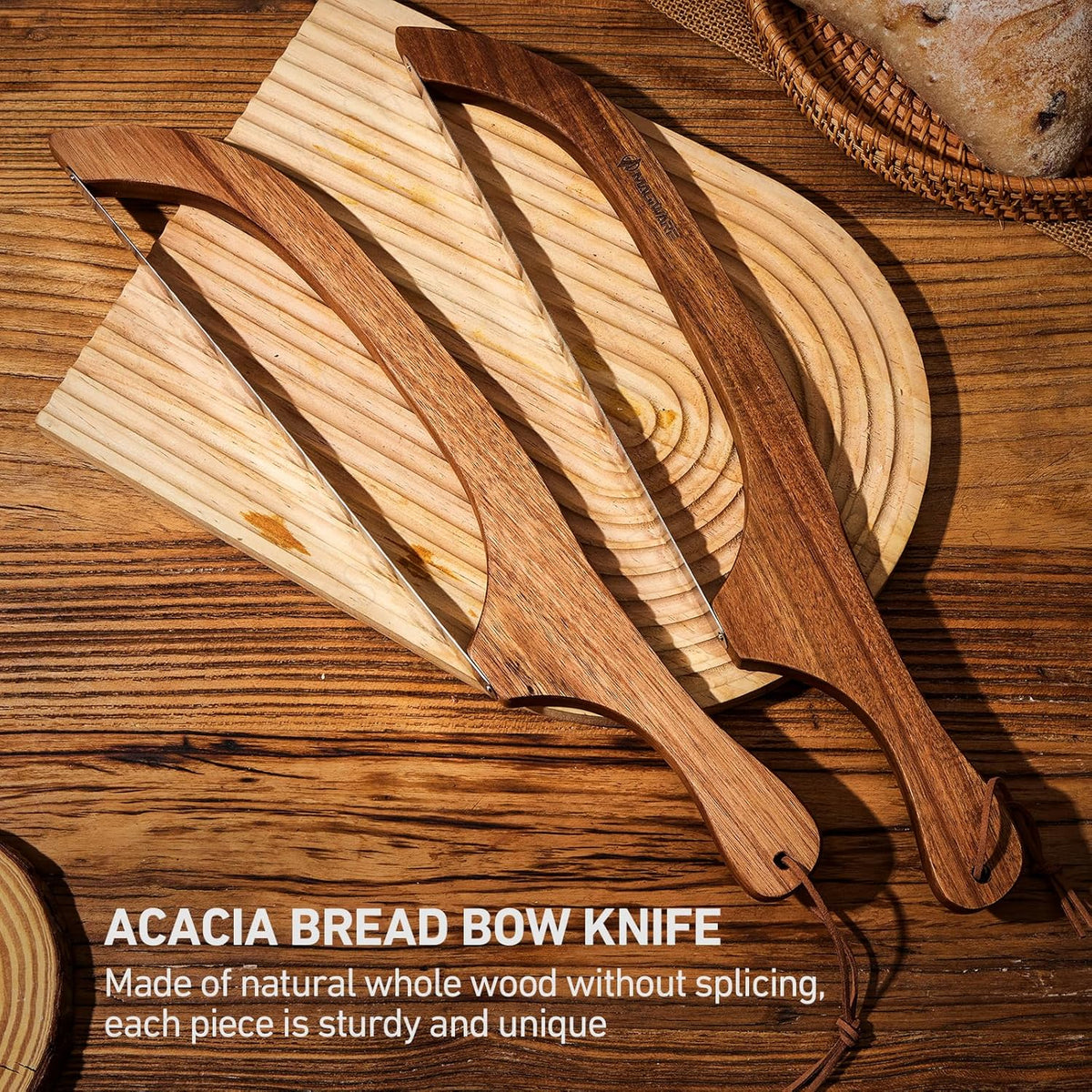 Magiware Bread Slicer Knife for Homemade Bread, Wooden Sourdough Bread Knife Cutter for Slicing, Serrated Bread Bow Knife Bread Saw Tool, Kitchen Baking Supplies (Acacia)