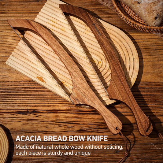 Magiware Bread Slicer Knife for Homemade Bread, Wooden Sourdough Bread Knife Cutter for Slicing, Serrated Bread Bow Knife Bread Saw Tool, Kitchen Baking Supplies (Acacia)