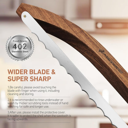 Magiware Bread Slicer Knife for Homemade Bread, Wooden Sourdough Bread Knife Cutter for Slicing, Serrated Bread Bow Knife Bread Saw Tool, Kitchen Baking Supplies (Acacia)