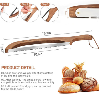 Magiware Bread Slicer Knife for Homemade Bread, Wooden Sourdough Bread Knife Cutter for Slicing, Serrated Bread Bow Knife Bread Saw Tool, Kitchen Baking Supplies (Acacia)