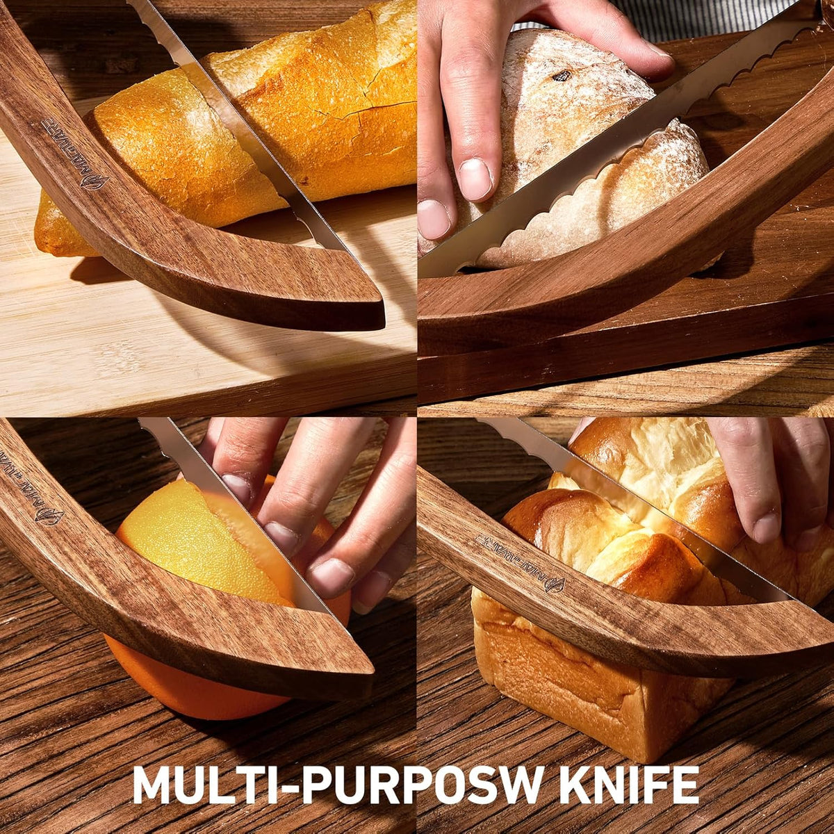 Magiware Bread Slicer Knife for Homemade Bread, Wooden Sourdough Bread Knife Cutter for Slicing, Serrated Bread Bow Knife Bread Saw Tool, Kitchen Baking Supplies (Acacia)