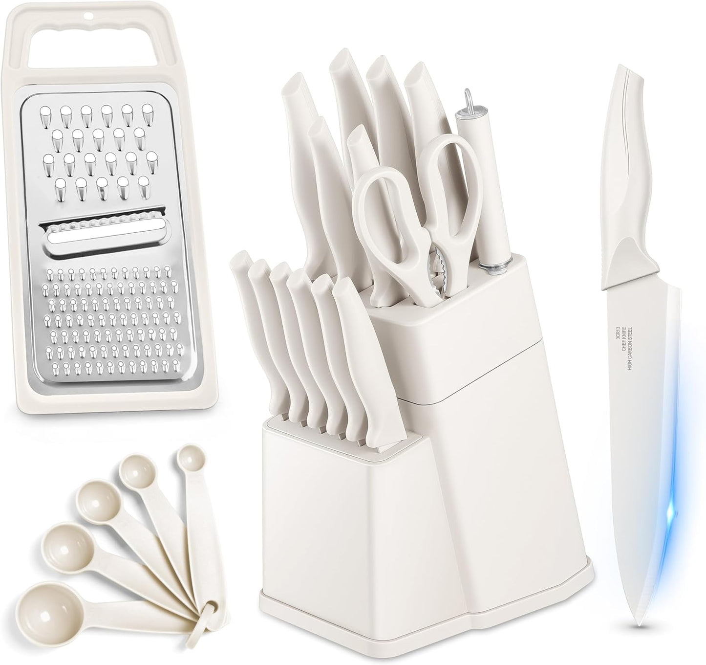 Knife Set, 21 Pieces Stainless Steel Kitchen Knife Block Set, White Chef Knife Sets with Measuring Spoon & Slicer for Home, 6 Steak Kinves, Sharp Blade & Light Weight Cutlery, Ergonomic Handle