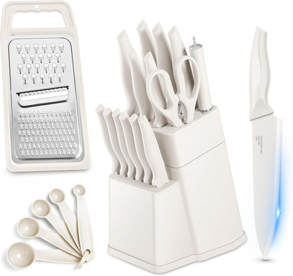 Knife Set, 21 Pieces Stainless Steel Kitchen Knife Block Set, White Chef Knife Sets with Measuring Spoon & Slicer for Home, 6 Steak Kinves, Sharp Blade & Light Weight Cutlery, Ergonomic Handle