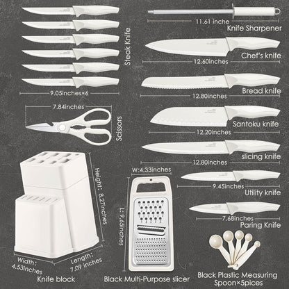 Knife Set, 21 Pieces Stainless Steel Kitchen Knife Block Set, White Chef Knife Sets with Measuring Spoon & Slicer for Home, 6 Steak Kinves, Sharp Blade & Light Weight Cutlery, Ergonomic Handle