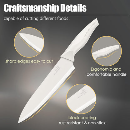 Knife Set, 21 Pieces Stainless Steel Kitchen Knife Block Set, White Chef Knife Sets with Measuring Spoon & Slicer for Home, 6 Steak Kinves, Sharp Blade & Light Weight Cutlery, Ergonomic Handle