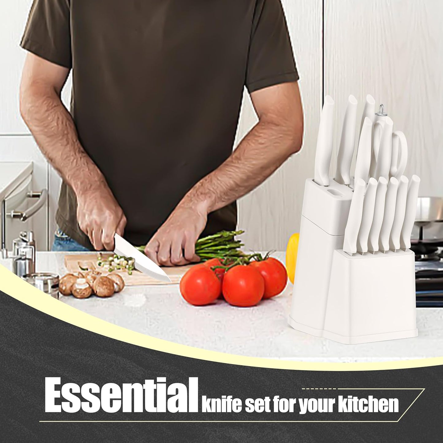 Knife Set, 21 Pieces Stainless Steel Kitchen Knife Block Set, White Chef Knife Sets with Measuring Spoon & Slicer for Home, 6 Steak Kinves, Sharp Blade & Light Weight Cutlery, Ergonomic Handle