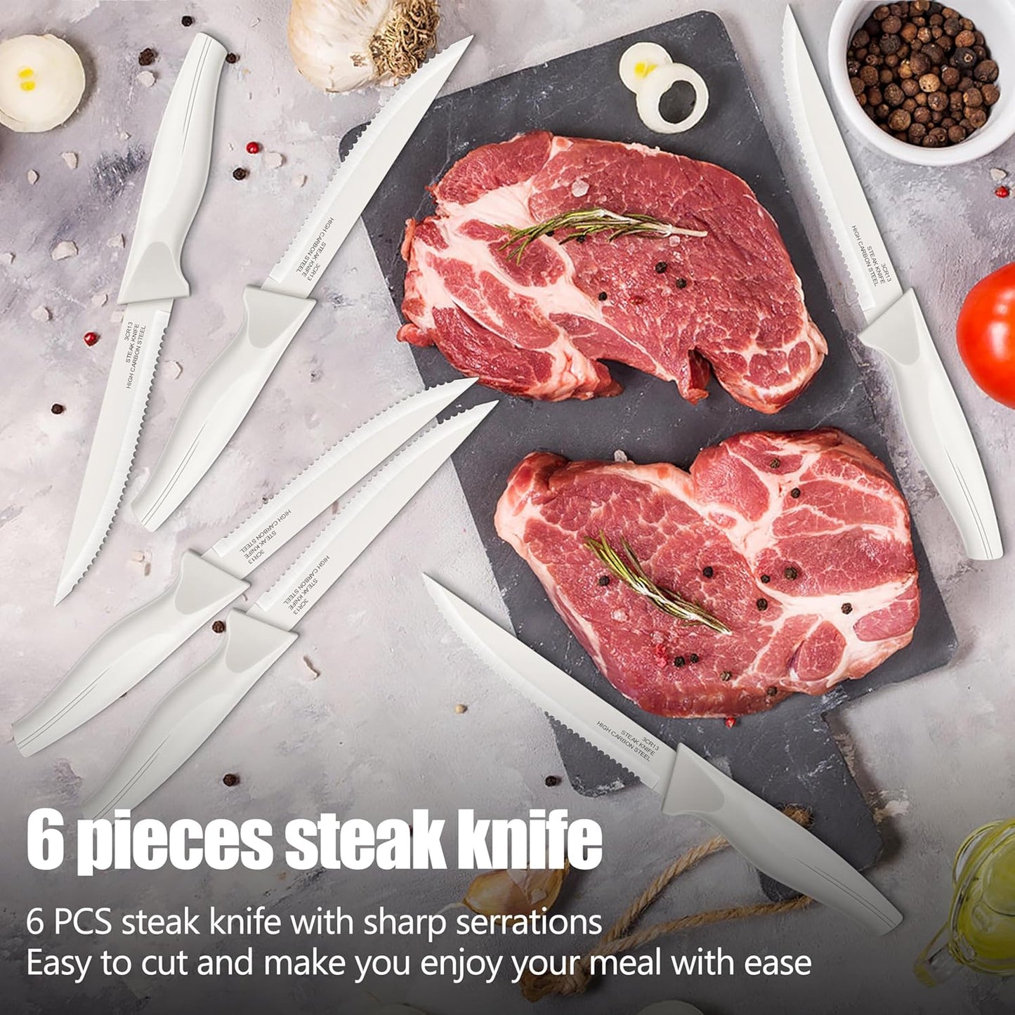 Knife Set, 21 Pieces Stainless Steel Kitchen Knife Block Set, White Chef Knife Sets with Measuring Spoon & Slicer for Home, 6 Steak Kinves, Sharp Blade & Light Weight Cutlery, Ergonomic Handle