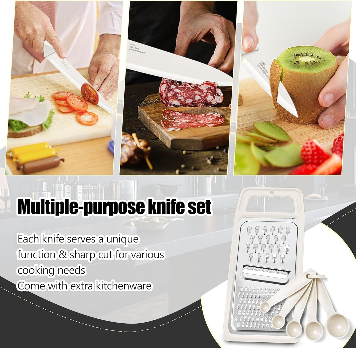 Knife Set, 21 Pieces Stainless Steel Kitchen Knife Block Set, White Chef Knife Sets with Measuring Spoon & Slicer for Home, 6 Steak Kinves, Sharp Blade & Light Weight Cutlery, Ergonomic Handle