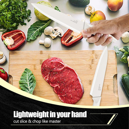 Knife Set, 21 Pieces Stainless Steel Kitchen Knife Block Set, White Chef Knife Sets with Measuring Spoon & Slicer for Home, 6 Steak Kinves, Sharp Blade & Light Weight Cutlery, Ergonomic Handle