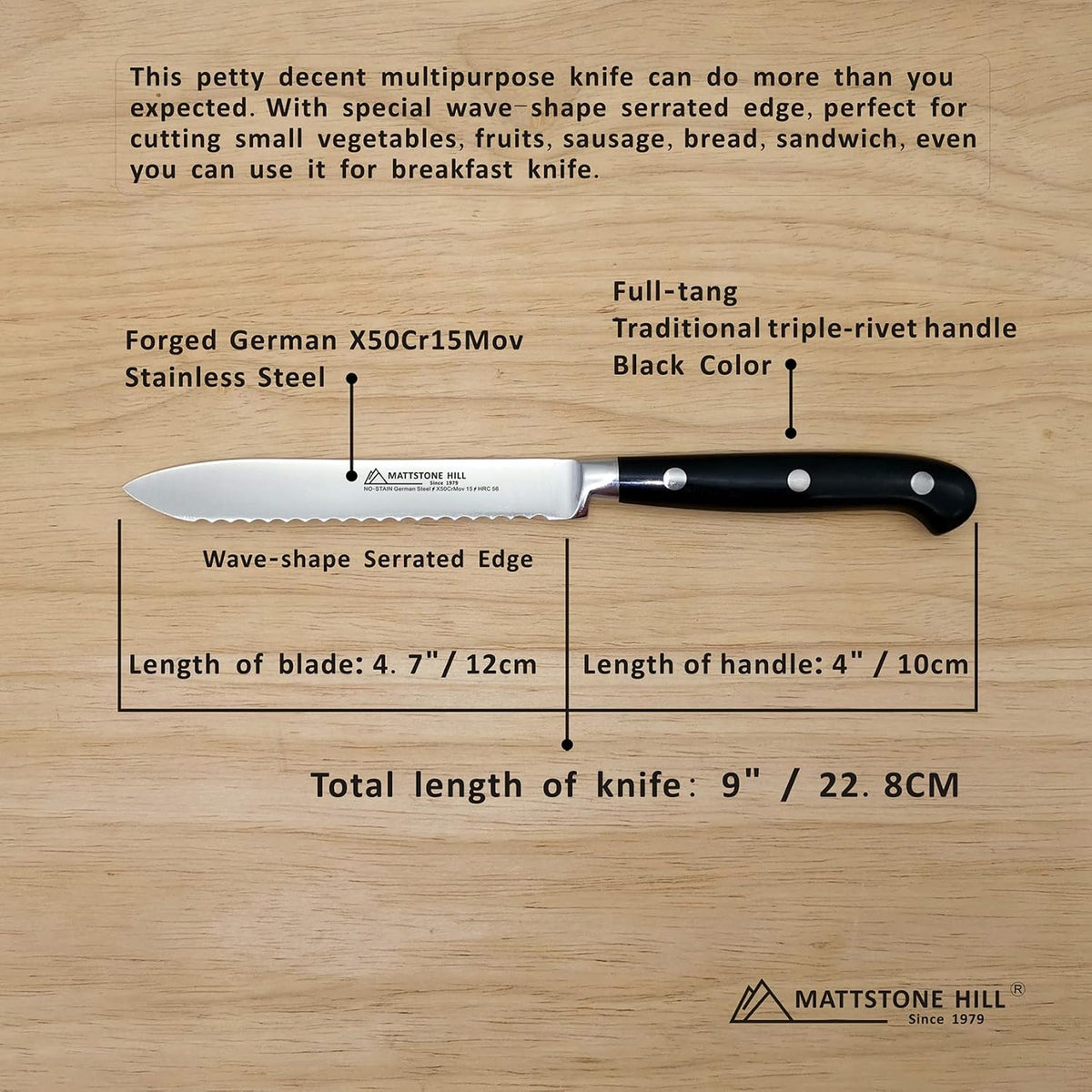 Serrated Utility Knife - MATTSTONE HILL 4.7" Kitchen Knife, German Stainless Steel Vegetable Knife, Paring Knife, Triple Rivet Handle