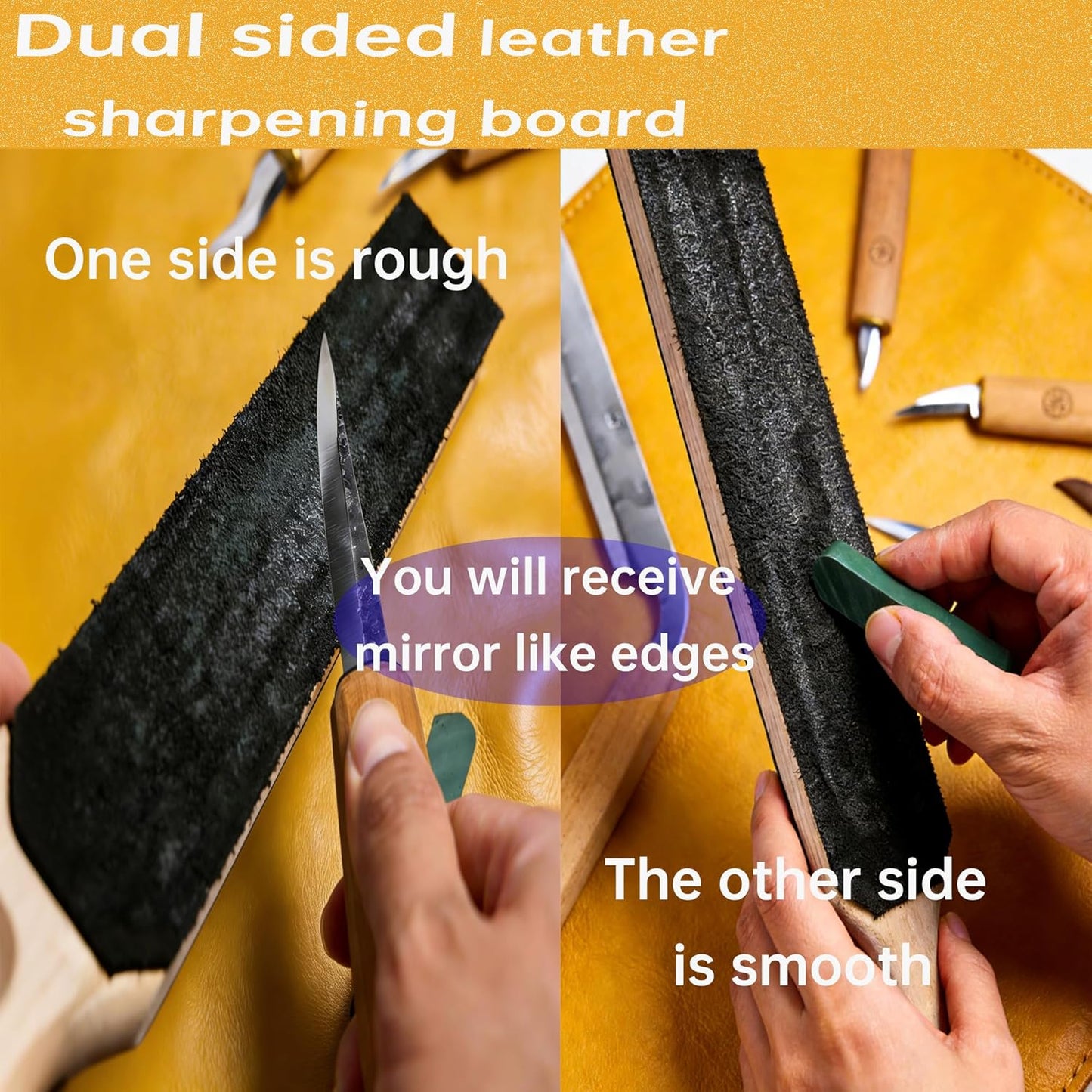 4 Pack Dual-Sided Leather Strop for Knife Sharpening Kit, Wooden Leather Strop Bulk,Knife Strop with Stropping Compound Kit, Honing Strop Block for Woodcarving Tools, Chisel Knife Leather Sharpener
