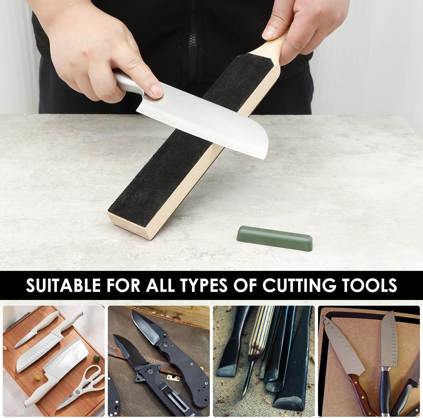 4 Pack Dual-Sided Leather Strop for Knife Sharpening Kit, Wooden Leather Strop Bulk,Knife Strop with Stropping Compound Kit, Honing Strop Block for Woodcarving Tools, Chisel Knife Leather Sharpener
