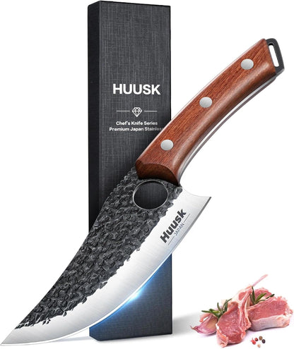 Huusk Viking Knife, Japanese Hand Forged Butcher Knife for Meat Cutting | Boning Knives with Ergonomic Wood Handle, High Carbon Steel Japanese Chef Knifes for Camping, BBQ, Fathers' Day Gift for Dad