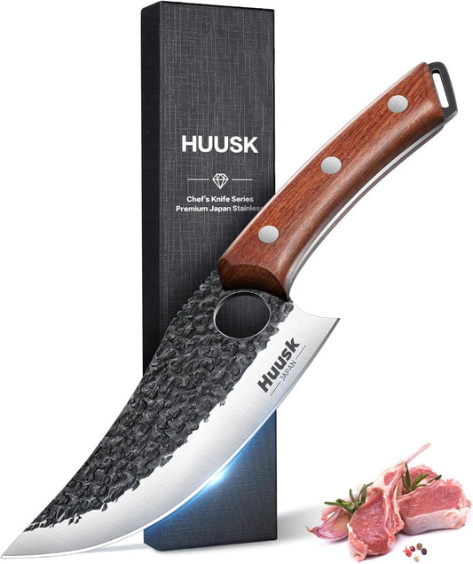 Huusk Viking Knife, Japanese Hand Forged Butcher Knife for Meat Cutting | Boning Knives with Ergonomic Wood Handle, High Carbon Steel Japanese Chef Knifes for Camping, BBQ, Fathers' Day Gift for Dad