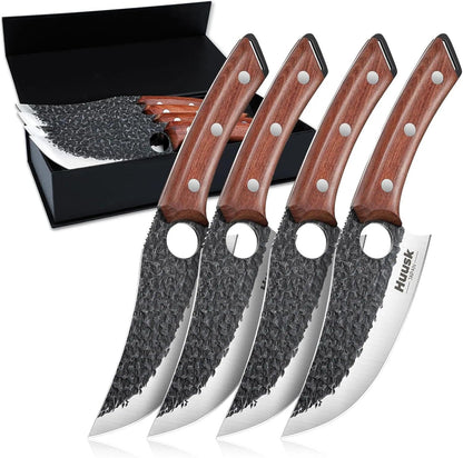 Huusk Viking Knife, Japanese Hand Forged Butcher Knife for Meat Cutting | Boning Knives with Ergonomic Wood Handle, High Carbon Steel Japanese Chef Knifes for Camping, BBQ, Fathers' Day Gift for Dad
