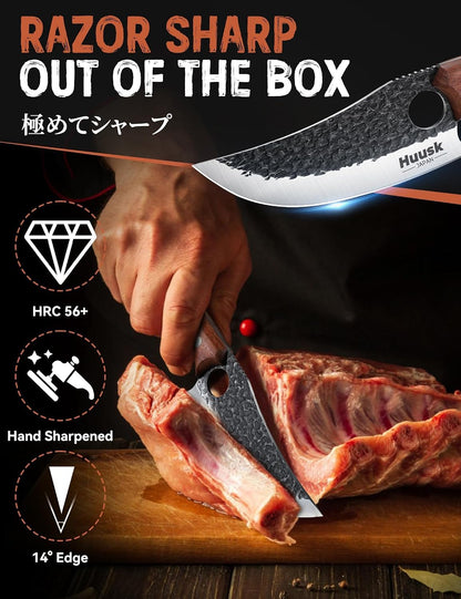 Huusk Viking Knife, Japanese Hand Forged Butcher Knife for Meat Cutting | Boning Knives with Ergonomic Wood Handle, High Carbon Steel Japanese Chef Knifes for Camping, BBQ, Fathers' Day Gift for Dad