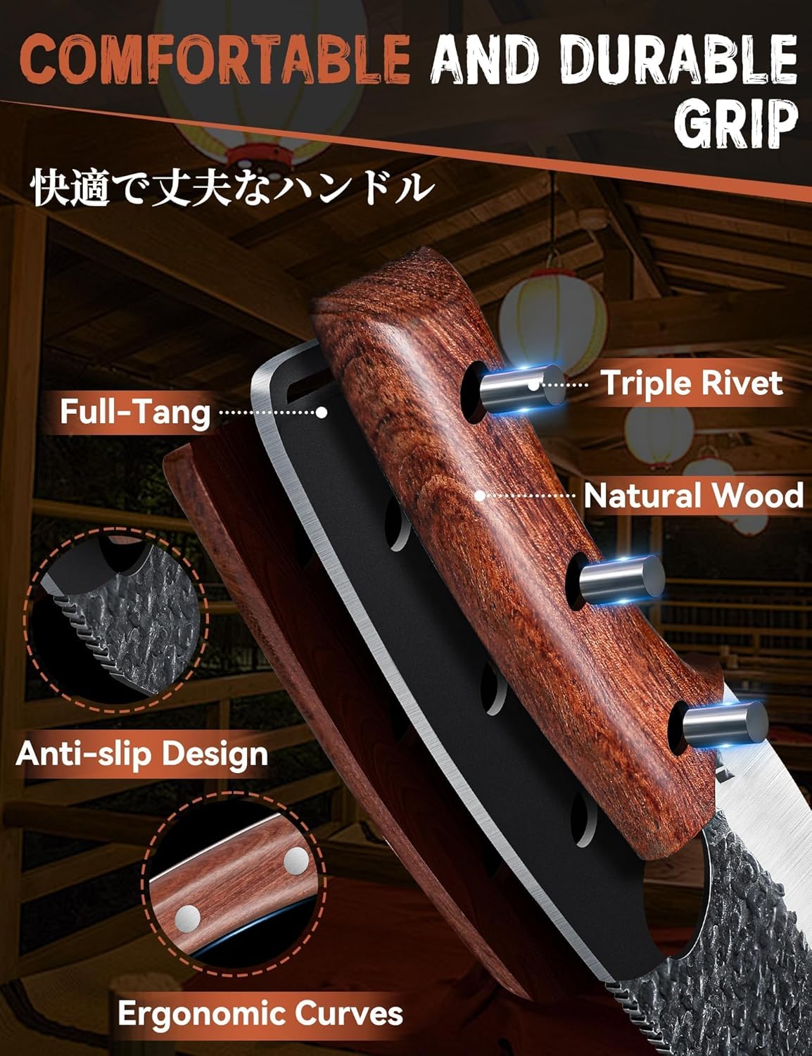 Huusk Viking Knife, Japanese Hand Forged Butcher Knife for Meat Cutting | Boning Knives with Ergonomic Wood Handle, High Carbon Steel Japanese Chef Knifes for Camping, BBQ, Fathers' Day Gift for Dad