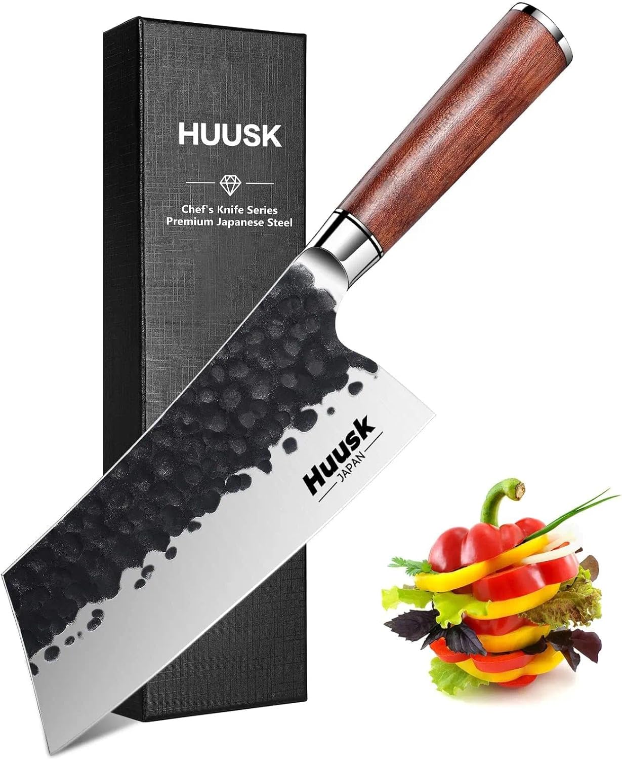 Huusk Viking Knife, Japanese Hand Forged Butcher Knife for Meat Cutting | Boning Knives with Ergonomic Wood Handle, High Carbon Steel Japanese Chef Knifes for Camping, BBQ, Fathers' Day Gift for Dad
