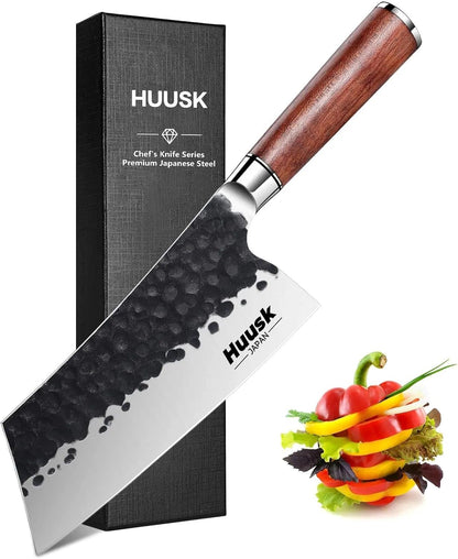 Huusk Viking Knife, Japanese Hand Forged Butcher Knife for Meat Cutting | Boning Knives with Ergonomic Wood Handle, High Carbon Steel Japanese Chef Knifes for Camping, BBQ, Fathers' Day Gift for Dad