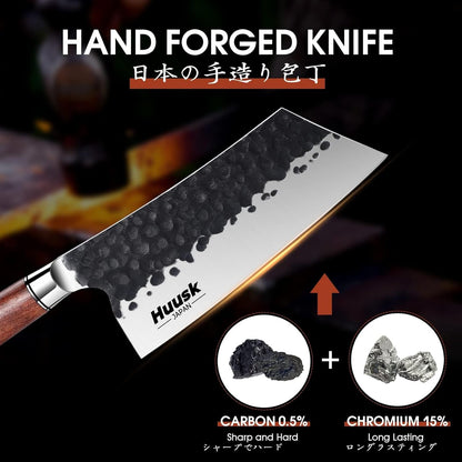 Huusk Viking Knife, Japanese Hand Forged Butcher Knife for Meat Cutting | Boning Knives with Ergonomic Wood Handle, High Carbon Steel Japanese Chef Knifes for Camping, BBQ, Fathers' Day Gift for Dad