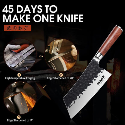 Huusk Viking Knife, Japanese Hand Forged Butcher Knife for Meat Cutting | Boning Knives with Ergonomic Wood Handle, High Carbon Steel Japanese Chef Knifes for Camping, BBQ, Fathers' Day Gift for Dad