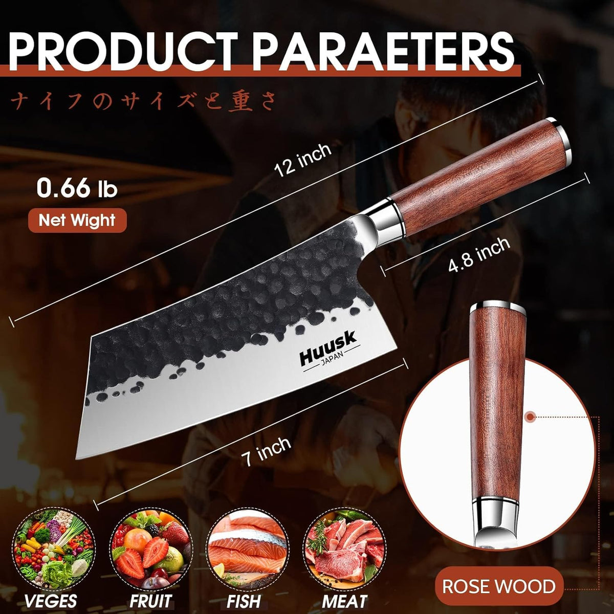 Huusk Viking Knife, Japanese Hand Forged Butcher Knife for Meat Cutting | Boning Knives with Ergonomic Wood Handle, High Carbon Steel Japanese Chef Knifes for Camping, BBQ, Fathers' Day Gift for Dad
