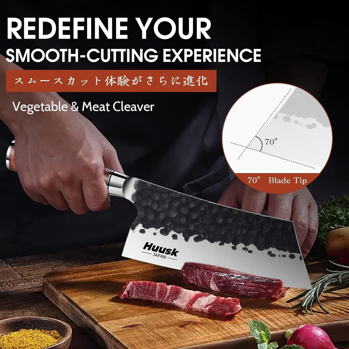 Huusk Viking Knife, Japanese Hand Forged Butcher Knife for Meat Cutting | Boning Knives with Ergonomic Wood Handle, High Carbon Steel Japanese Chef Knifes for Camping, BBQ, Fathers' Day Gift for Dad