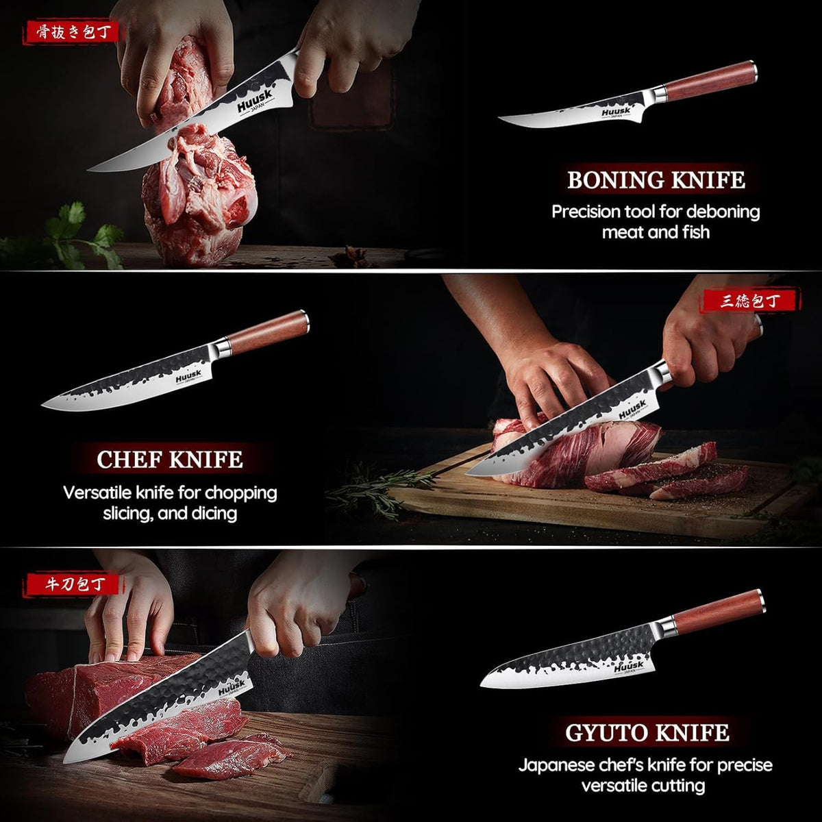 Huusk Viking Knife, Japanese Hand Forged Butcher Knife for Meat Cutting | Boning Knives with Ergonomic Wood Handle, High Carbon Steel Japanese Chef Knifes for Camping, BBQ, Fathers' Day Gift for Dad