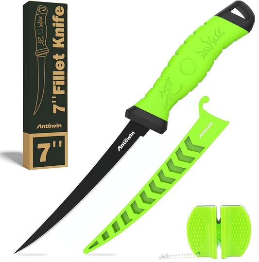 3-in-1 7" Fillet Knife for Fish, Razor Sharp German G4113 Pro Stainless Steel Blade, Fishing Filet Knives Saltwater with SharkGrip Ergonomic Handle, Cuchillo Includes Sheath & XL Sharpener