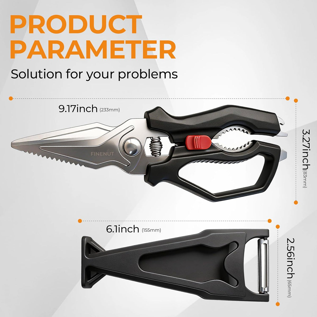 Heavy Duty Kitchen Scissors with Peeler Sheath - Spring Loaded Poultry Shears for Chicken, Meat & Fish - Multipurpose Food Scissors with Safety Lock & Non-Slip Handle, Dishwasher Safe
