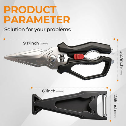 Heavy Duty Kitchen Scissors with Peeler Sheath - Spring Loaded Poultry Shears for Chicken, Meat & Fish - Multipurpose Food Scissors with Safety Lock & Non-Slip Handle, Dishwasher Safe