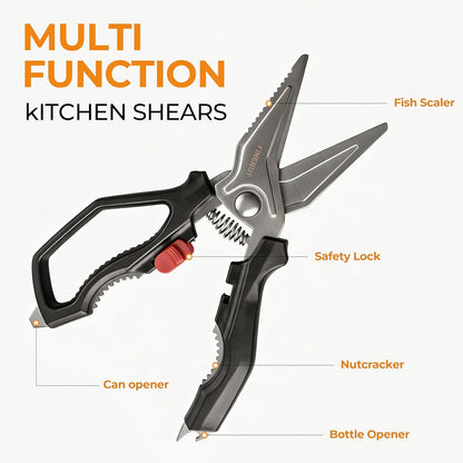 Heavy Duty Kitchen Scissors with Peeler Sheath - Spring Loaded Poultry Shears for Chicken, Meat & Fish - Multipurpose Food Scissors with Safety Lock & Non-Slip Handle, Dishwasher Safe