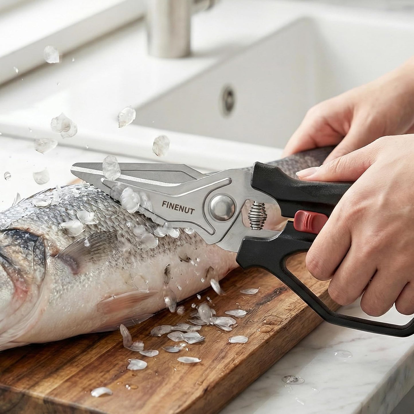 Heavy Duty Kitchen Scissors with Peeler Sheath - Spring Loaded Poultry Shears for Chicken, Meat & Fish - Multipurpose Food Scissors with Safety Lock & Non-Slip Handle, Dishwasher Safe