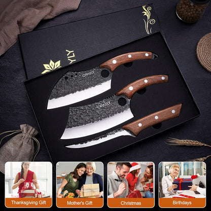 3PCS Hand Forged Butcher Knife Set Meat Cleavers, Serbian Chef Knife Viking Boning Knife High Carbon Steel Kitchen Knife for Meat Cutting, Outdoor BBQ Vegetable Camping, Gift for Men