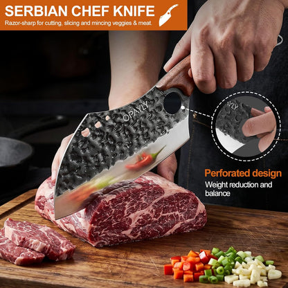 3PCS Hand Forged Butcher Knife Set Meat Cleavers, Serbian Chef Knife Viking Boning Knife High Carbon Steel Kitchen Knife for Meat Cutting, Outdoor BBQ Vegetable Camping, Gift for Men