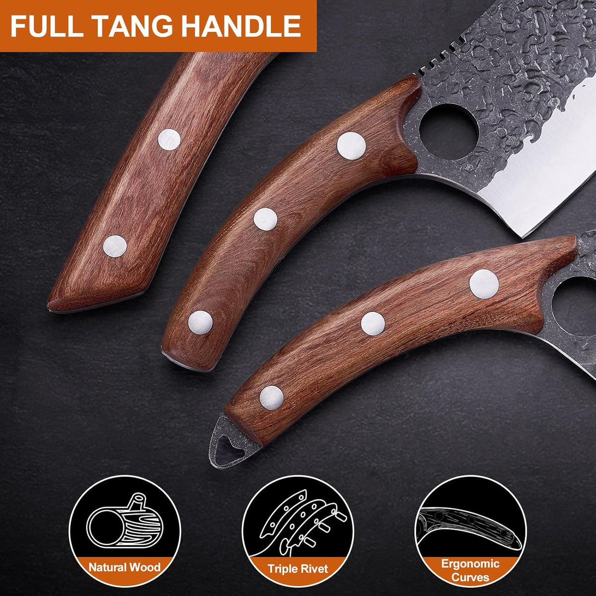 3PCS Hand Forged Butcher Knife Set Meat Cleavers, Serbian Chef Knife Viking Boning Knife High Carbon Steel Kitchen Knife for Meat Cutting, Outdoor BBQ Vegetable Camping, Gift for Men