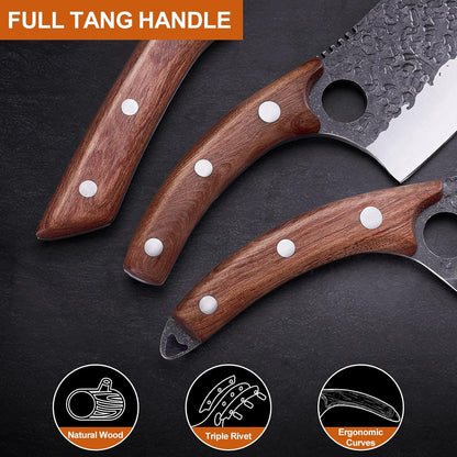 3PCS Hand Forged Butcher Knife Set Meat Cleavers, Serbian Chef Knife Viking Boning Knife High Carbon Steel Kitchen Knife for Meat Cutting, Outdoor BBQ Vegetable Camping, Gift for Men