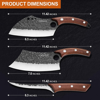 3PCS Hand Forged Butcher Knife Set Meat Cleavers, Serbian Chef Knife Viking Boning Knife High Carbon Steel Kitchen Knife for Meat Cutting, Outdoor BBQ Vegetable Camping, Gift for Men