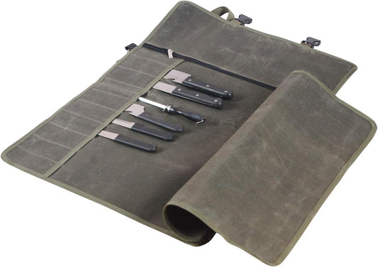 Waterproof Waxed Canvas Chef’s Knife Roll Bag With 11 Slots for Kitchen Knife Tools Up To 18.8”/Portable Chef Knife Cases(Army Green)